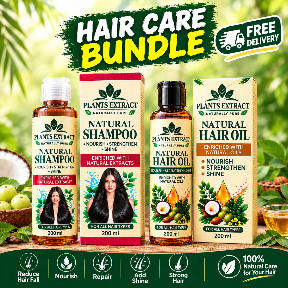 PLANTS EXTRACT Natural Hair Care Bundle – Shampoo & Hair Oil | 100% Natural Care